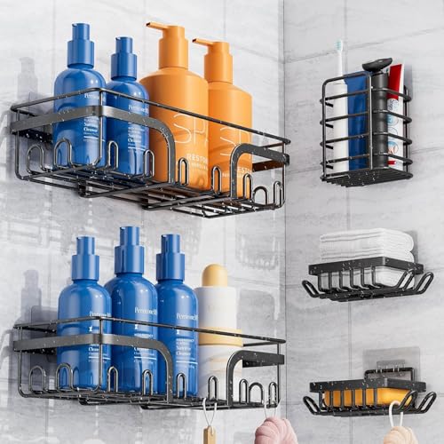 AxiwoIntl 5 Stück Duschablage ohne Bohren Bohren für Shampoo und Duschgel, Schwarz Duschregal ohne Bohren mit Zahnpasta Halter und 2 Seifenkiste 10 Haken AxiwoIntl 5 Stück Duschablage ohne Bohren Bohren für Shampoo und Duschgel, Schwarz Duschregal ohne Bohren mit Zahnpasta Halter und 2 Seifenkiste 10 Haken von AxiwoIntl