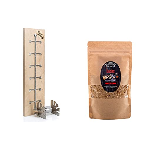 Axtschlag Flammlachsbrett Essential Line Birkenholz extrastark, 4-Fach & BBQ Rub Lachs, für einen einzigartigen Geschmack von Fleisch, Fisch und Gemüse, 250g Trockenmarinade, wiederverschließbar von Axtschlag