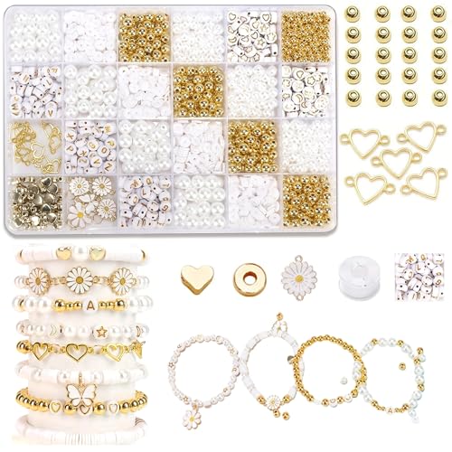 Axvxby Handgemachtes Perlenarmband Set zum Armbänder selber machen Perlen in Weiß und Gold, anpassbare Buchstaben und Charms DIY Perlen zum Geschenk für Mädchen und Frauen von Axvxby