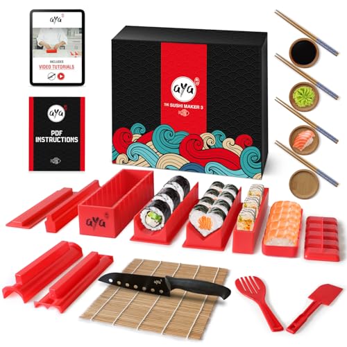 Aya Sushi Maker Kit Sushi Maker Rot Komplett mit Sushi Messer und Exklusiv Video Tutorials 11 Stück DIY Sushi Set - Einfach und Spaß für Anfänger - Sushi Rollen Maker- Maki Roll – Sushi Roller von Aya