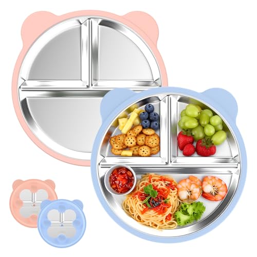 Ayciep Edelstahl Baby Teller mit Saugnapf, 2 Stück Silikon Kinderteller mit 4 Saugnäpfen, Edelstahl Teller Baby, BPA-frei, Rutschfeste, Abnehmbare Silikonhülle, Babyteller, Kinderteller, Blau + Rosa Ayciep Edelstahl Baby Teller mit Saugnapf, 2 Stück Silikon Kinderteller mit 4 Saugnäpfen, Edelstahl Teller Baby, BPA-frei, Rutschfeste, Abnehmbare Silikonhülle, Babyteller, Kinderteller, Blau + Rosa von Ayciep