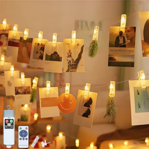Ayciep Foto Lichterkette, Wiederaufladbare Batterie mit Controller, 2M 20LED Fotoclips Lichterkette Batterie, 8 Modi | 3 Timer | Warmweiß | Innen/Außen von Ayciep
