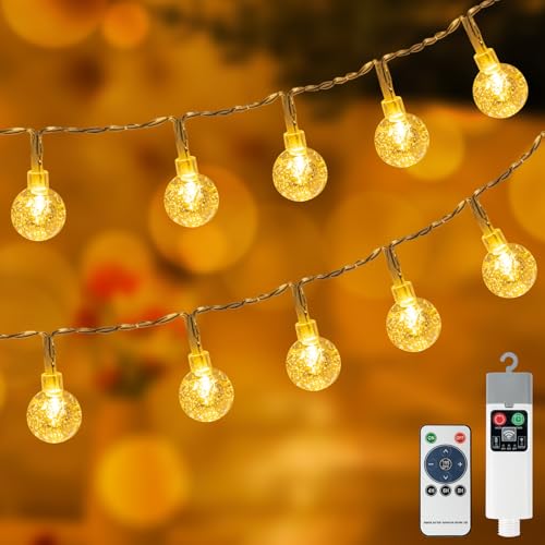 Kristall Kugeln Lichterkette Außen, Wiederaufladbare Batterie mit Controller, 5M 50LEDs Lichterkette Batterie, 8 Modi | Warmweiß | Timing-Funktion | Außen/Innen, für Terrasse, Balkon, Garten Deko von Ayciep