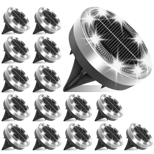 Klein Solar Bodenleuchten Aussen, 16 Stück 8 LEDs Solarleuchten für Außen, Solarlampen für Außen, Led Solar Gartenleuchten, Kaltweiß, IP65 Wasserdicht, Edelstahl, Geeignet für Rasen, Gehweg, Terrasse von Ayciep