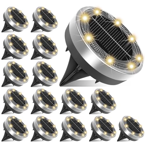 Klein Solar Bodenleuchten Aussen, 16 Stück 8 LEDs Solarleuchten für Außen, Solarlampen für Außen, Led Solar Gartenleuchten, Warmweiß, IP65 Wasserdicht, Edelstahl,Geeignet für Rasen, Gehweg, Terrasse von Ayciep