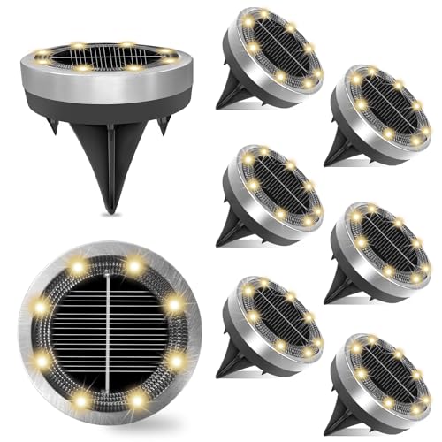 Klein Solar Bodenleuchten Aussen, 8 Stück 8 LEDs Solarleuchten für Außen, Solarlampen für Außen, Led Solar Gartenleuchten, Warmweiß, IP65 Wasserdicht, Edelstahl, Geeignet für Rasen, Gehweg, Terrasse von Ayciep