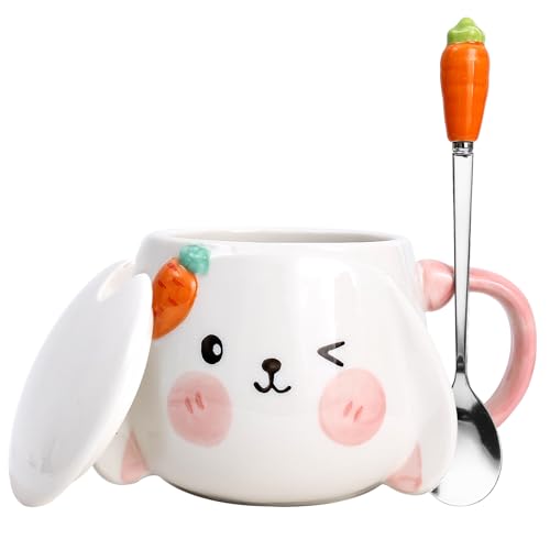 Ayeelamb Tasse, Kaninchen becher, Keramik Kaffeetasse mit deckel,Edelstahl Löffel, Milch Becher, 420 ml, Geschenk Teetasse mit Löffel, Cute Geschenke für Frauen,Beste Freundin von Ayeelamb