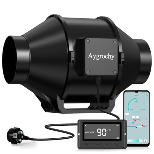 Aygrochy WiFi App Rohrventilator 100mm mit Temperatur- und Feuchtigkeitsregler, Drehstrom-EC-Motor, 3000 RPM Abluftventilator für Rauchabzug und Abluft und Tente de Culture hydroponique von Aygrochy