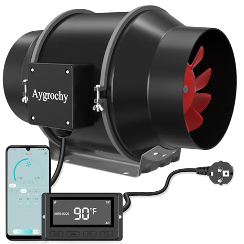 Aygrochy 125mm WiFi App Rohrventilator, EC-Motor 35W 416m³/h, 2800 U/min Abluftventilator mit Temperatur- und Feuchtigkeitsregler, Rohrlüfter für Wachstumszelte, Luftabsaugung und Rauchabzug von Aygrochy