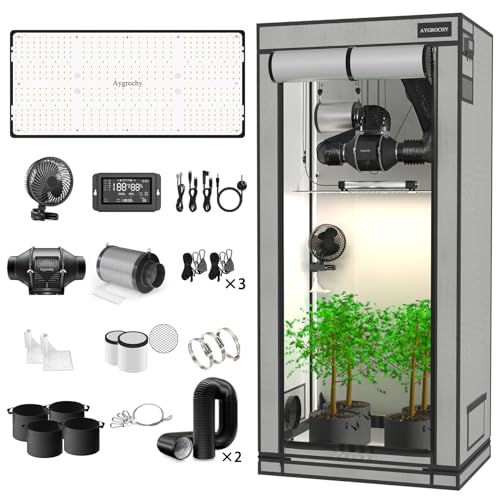 Aygrochy Advanced Grow System Pflanzen Set, Intelligenter integrierter Controller für Rohrventilator, Vollspektrum-LED-Wachstumslampe 200 W, 60 x 120 x 180 cm Grow Tent. von Aygrochy