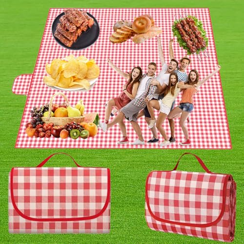 Ayizhiniu Picknickdecke, 200 x 200cm Rotes Plaid Picnic Blanket, Wasserdicht Picnic Mat, Fleece Stranddecke, Strandunterlage Tragbare mit Tragegriff, Gilt für Parks, Vororte, Strände von Ayizhiniu
