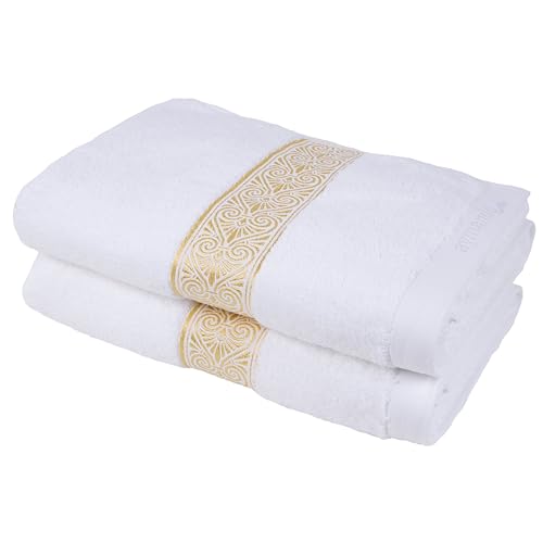 Badetuch Set 70x140 cm 100% ägyptische Baumwolle Luxus Badetücher in Premium Qualität Duschtuch Aymando | Blende mit edler Ornamentstickerei in Gold | Aufhänger | (Weiß) von Aymando Home & More