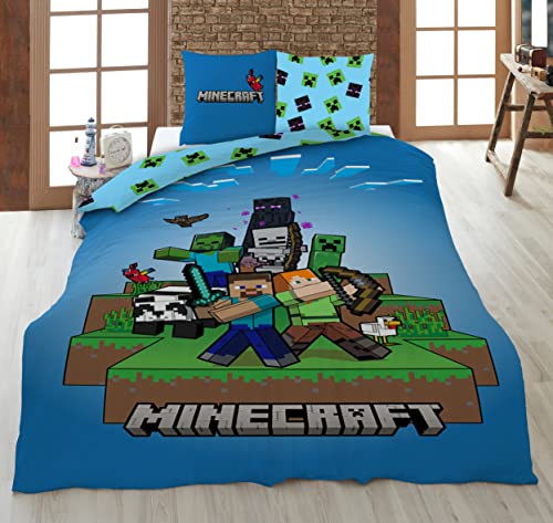 AYMAX Minecraft Ready to Survive 100% Kinderbettwäsche-Set 135x200 cm Einzelbettgröße - Bettbezug + Kissenbezug 80x80 cm, Microfaser von Aymax