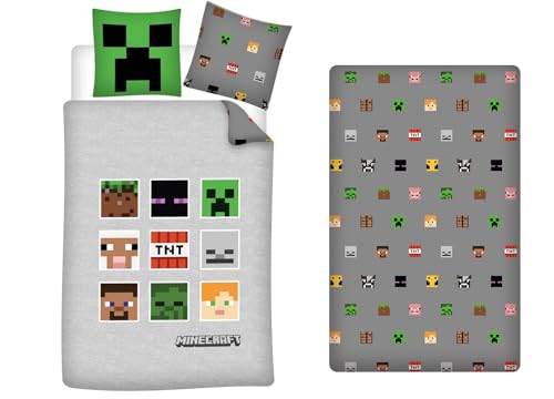 Bettwäsche Minecraft Faces, 3-teilig, Bettbezug 140 x 200 cm, Kissenbezug 63 x 63 cm + Spannbettlaken 90 x 190 cm von Aymax