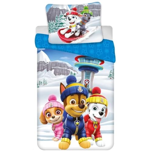 Paw Patrol Flanell-Bettwäsche 135-140x200 + 65x65 cm – Winterliches Design mit Chase, Skye & Marshall von Aymax