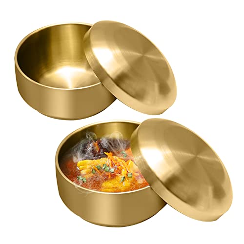 Aynaxcol Reisschale aus Edelstahl mit Deckel, 2er-Set, für koreanische Küche, Restaurant, doppelwandige Metallschalen, Mehrzweck-isolierte Suppenschüsseln, Snacks-Schalen (11,5 cm, Gold) von Aynaxcol