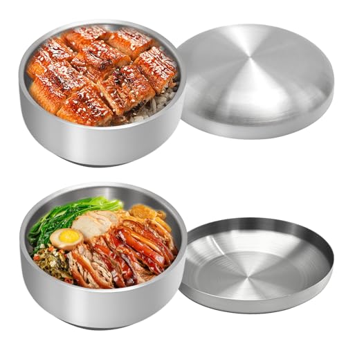 Aynaxcol Reisschale aus Edelstahl mit Deckel, 2er-Set, für koreanische Küche, Restaurant, doppelwandige Metallschalen, Mehrzweck-isolierte Suppenschüsseln, Snackschalen (13 cm, Silber) von Aynaxcol
