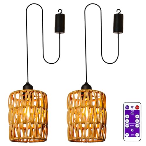 2 Stück Rattan Hängelampe mit Batterie, Batteriebetriebene Lampe mit Rattan Lampenschirm und Fernbedienung, Wasserdicht Boho Pendelleuchte ohne Strom, Boho Hängeleuchte für Innen Außen Garten Balkon von Ayolofei