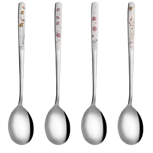 Koreanische Löffel mit langen Griffen, 18/8 Edelstahl, koreanischer Suppenlöffel, Blumen, asiatische Suppenlöffel für Abendessen, Reis, Kaffee, Desserts, Eiscreme, spülmaschinenfest, 20,3 cm, 4 Stück von Aysatogc