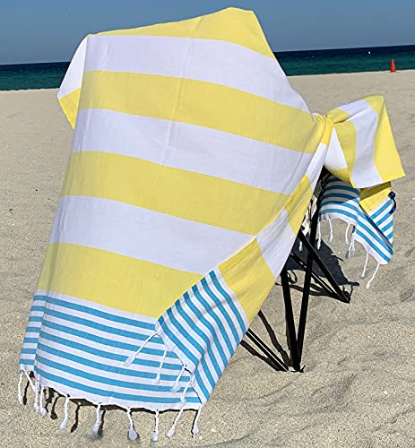 Lux Übergroßes saugfähiges Baumwoll-Strandtuch mit versteckter Reißverschlusstasche, 100 % natürliche, türkische Baumwolle, Sonnenliege, Überwurf für Damen und Mädchen (gelbe Streifen) von Aysesa