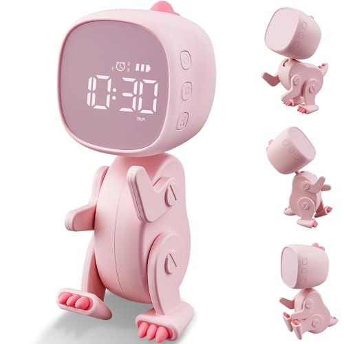 Ayybboo Digitaler Wecker Kinder, DREI Alarmes, Dinosaurier Wecker mit Variabler Form, Schlummer, Nachtlicht Timer, 6 Weckmusik, Einstellbare Helligkeit und Lautstärke, interne Batterie (Rosa) von Ayybboo