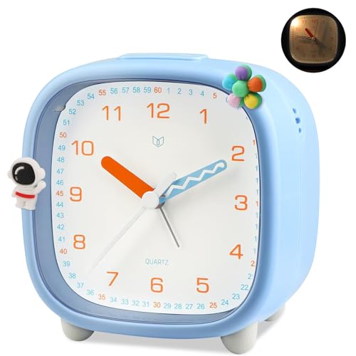 Ayybboo Wecker Analog Ohne Ticken, Wecker Kinder mit Snooze Licht, Großes Ziffernblatt Quarzwecker, Lernwecker für Jungen Mädchen, Geräuschlos (Blau+Aufkleber) von Ayybboo