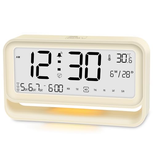 Ayybboo Wecker Digital,Wecker Holz mit Großer Anzeige,Automatischer Lichtsensor,Datums,Temperaturanzeige, Batteriebetrieben Tischuhr(Kohlebatterien Batterie Nicht Enthalten) (cremefarben) von Ayybboo
