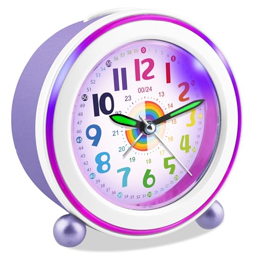 Ayybboo Wecker Kinder Jungen und Mädchen,Lernwecker Kinder Ohne Ticken mit Snooze und Nachtlicht,Batteriebetrieben kinderwecker,Quarz Analog Wecker für Kinder (Lila) von Ayybboo