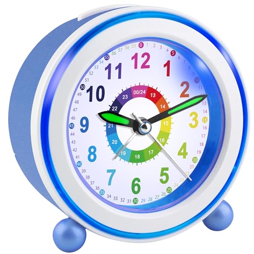 Ayybboo Wecker Kinder Ohne Ticken mit Snooze und Nachtlicht,Kinderwecker Batteriebetrieben Lernwecker für Jungen und Mädchen,Quarz Analog Wecker für Kinder (Blau) von Ayybboo