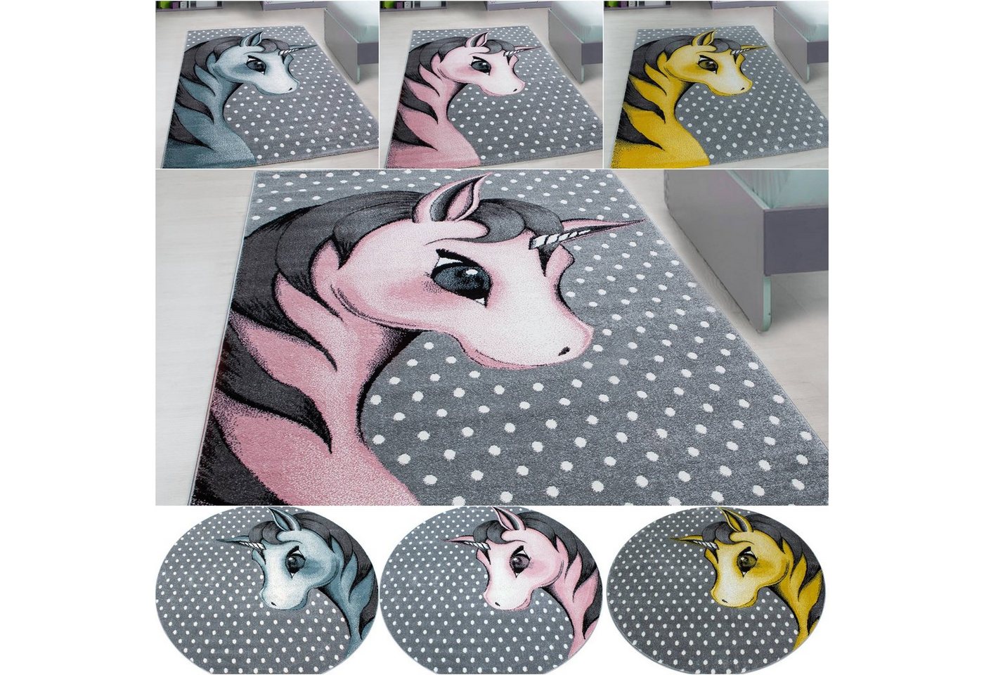 Kinderteppich, Homtex, 80 x 150 cm, Kinderteppiche, Teppich mit einhorn Motiv Rund oder Viereck von Homtex