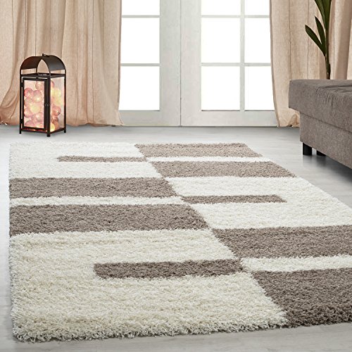 Ayyildiz Stilvoller Designer Hochflor Teppich mit Karo- und Linienmuster, Flauschiger Langflor, Pflegeleicht, Shaggy Flokati, Ideal fürs Wohnzimmer, Größe:60 x 110 cm, Farbe:Beige von Ayyildiz