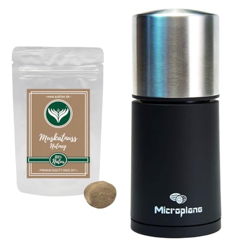 Microplane Gewürzmühle/Muskatmühle silber-schwarz Set mit 1 x Probepackung Azafran Muskatnuss von Azafran