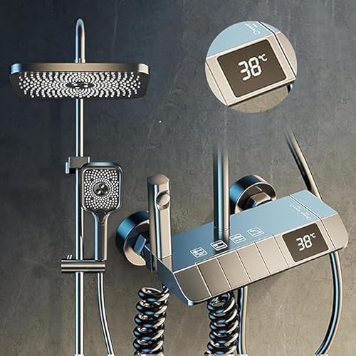 Duschsystem mit Thermostat, Regendusche mit Armatur & Digital Anzeige, Komplettdusche Duscharmatur mit Duschkopf Schlauch Bidet Handbrause, Aufputz Duschset Grau Duschsystem mit Thermostat, Regendusche mit Armatur & Digital Anzeige, Komplettdusche Duscharmatur mit Duschkopf Schlauch Bidet Handbrause, Aufputz Duschset Grau von Azarton