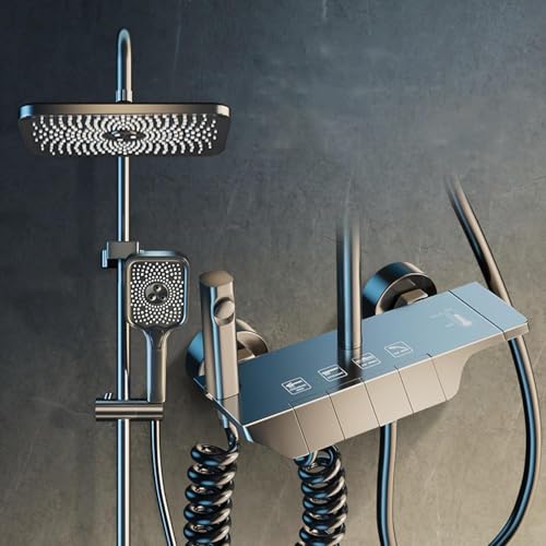Duschsystem mit Thermostat - Dusche Komplett inkl Regendusche Duschkopf Mischbatterie Handbrause Brausestange & Schlauch, Duschset mit Armatur | Grau von Azarton