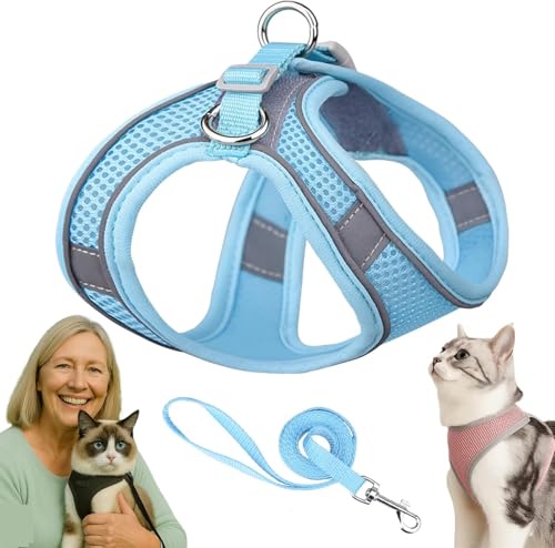 Serenosole Katzengeschirr Ausbruchsicher mit Leine – Atmungsaktive & Bequeme Katzenweste mit Reflektierenden Streifen, Verstellbares Geschirr für Katzen und Kleine Hunde (Blau,M) von Azarton