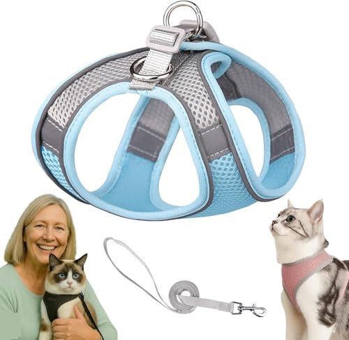 Serenosole Katzengeschirr Ausbruchsicher mit Leine – Atmungsaktive & Bequeme Katzenweste mit Reflektierenden Streifen, Verstellbares Geschirr für Katzen und Kleine Hunde (Blau-Grau,M) von Azarton