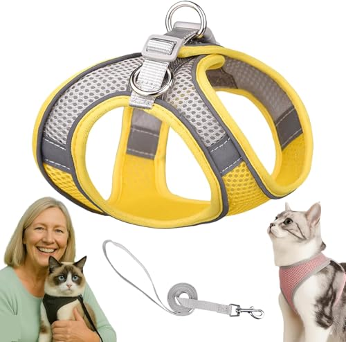 Serenosole Katzengeschirr Ausbruchsicher mit Leine – Atmungsaktive & Bequeme Katzenweste mit Reflektierenden Streifen, Verstellbares Geschirr für Katzen und Kleine Hunde (Gelb-Grau,M) von Azarton