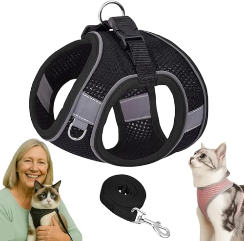Serenosole Katzengeschirr Ausbruchsicher mit Leine – Atmungsaktive & Bequeme Katzenweste mit Reflektierenden Streifen, Verstellbares Geschirr für Katzen und Kleine Hunde (Schwarz-Grau,XS) von Azarton