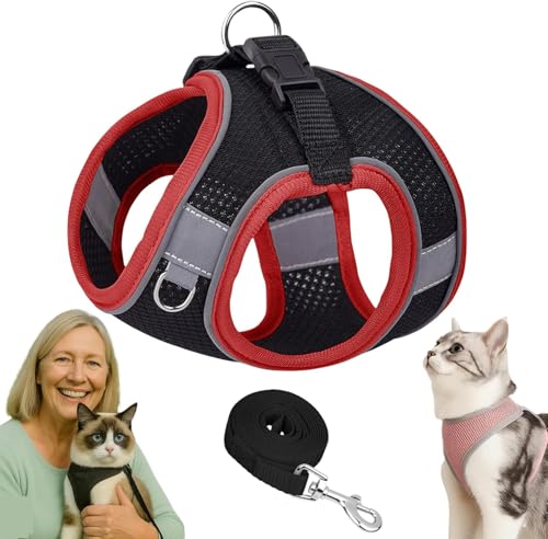 Serenosole Katzengeschirr Ausbruchsicher mit Leine – Atmungsaktive & Bequeme Katzenweste mit Reflektierenden Streifen, Verstellbares Geschirr für Katzen und Kleine Hunde (Schwarz-Rot,XS) von Azarton