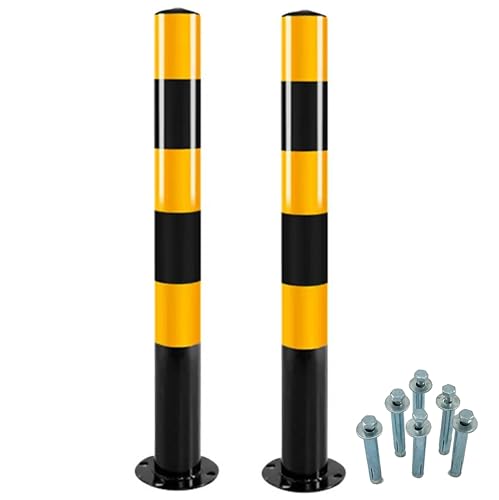 2 Stück Set Absperrpfosten Schwarz-Gelb Ø76mm H750mm - Stahl Robust Standfuß Stabil Park Poller Set Mit Befestigungsschrauben (Gelb Reflektierend) von Azatemgo
