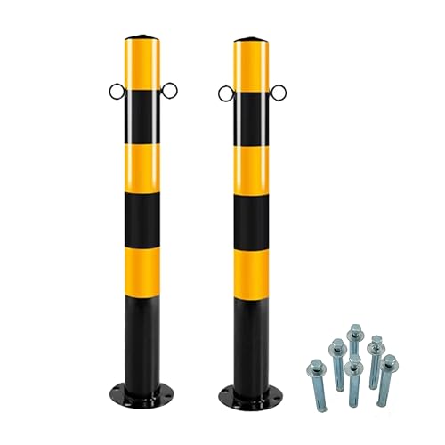 2 x Absperrpfosten Schwarz-Gelb Ø76mm H750mm 2 Ösen zum Stahl Robust Standfuß Stabil Park Poller Set Mit Befestigungsschrauben von Azatemgo