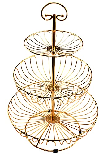 Azatemgo Metall Obstkorb mit Tragegriff für Küche Balkon - 3 Stöckig Groß Gemüse Etagere - Rostfreier Chromstahl & 360° Luftzirkulation (Gold,45cm Höhe, Ø30-24-16.5cm) von Azatemgo