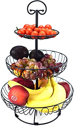 Azatemgo Metall Obstkorb mit Tragegriff für Küche Balkon - 3 Stöckig Groß Gemüse Etagere - Rostfreier Chromstahl & 360° Luftzirkulation (Schwarz,45cm Höhe, Ø30-24-16.5cm) von Azatemgo
