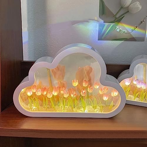 Azazaza Cloud Tulip Nachtlicht, DIY Cloud Tulpe Lampe Spiegel, romantische Blume Nachttischlampe Dekor für Schlafzimmer Wohnheim, LED Tulpe Tischlampe Geschenk für Paar Kinder Freunde (Rosa) von Azazaza