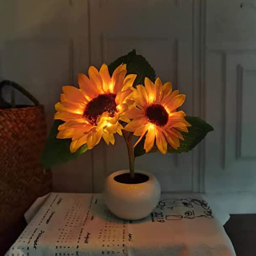 Azazaza Sonnenblumen Tischlampe, 2 Kopf 18 LED Simulation Nachtlicht, Künstliche Sonnenblume Nachttischlampe mit Blumentopf für Schlafzimmer Wohnzimmer Desktop Dekoration, warmes Licht von Azazaza