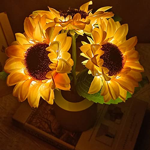 Azazaza Sunflowers Tischlampe, 3 Köpfe 27 LED Dimmbar Simulation Nachtlicht, USB Wiederaufladbare Nachttischlichter mit Sockel für Schlafzimmer Wohnzimmer Desktop Dekoration, warmes Licht von Azazaza