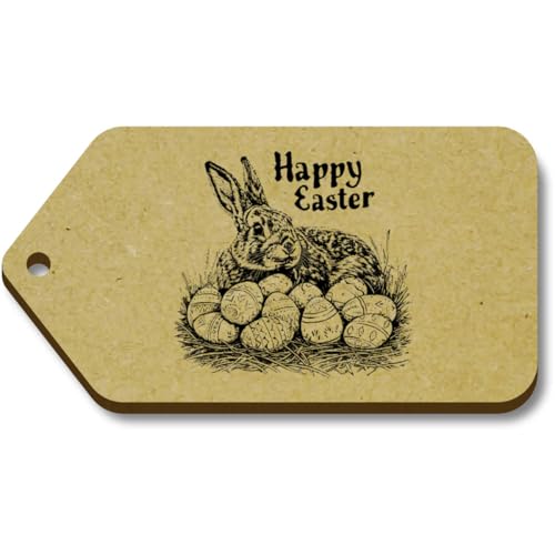 Azeeda 10 x 'Frohe Ostern mit Kaninchen und Eiern' 66mm x 34mm Hölzerne Tags (TG00127394) von Azeeda