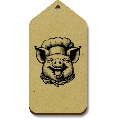 Azeeda 10 x 'Glückliches Schwein mit Kochmütze' 66mm x 34mm Hölzerne Tags (TG00125840) von Azeeda