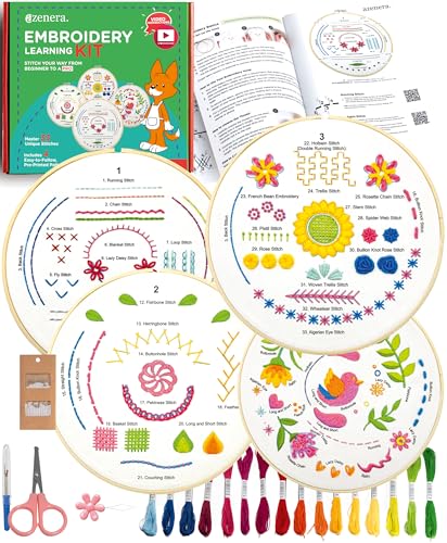 Azenera Stickerei Set für Anfänger – Komplettset mit Videoanleitung, 4 Musterstoffen, Fäden, Bambusreifen & Werkzeug – Sticken Lernen leicht gemacht (AZA100) von Azenera