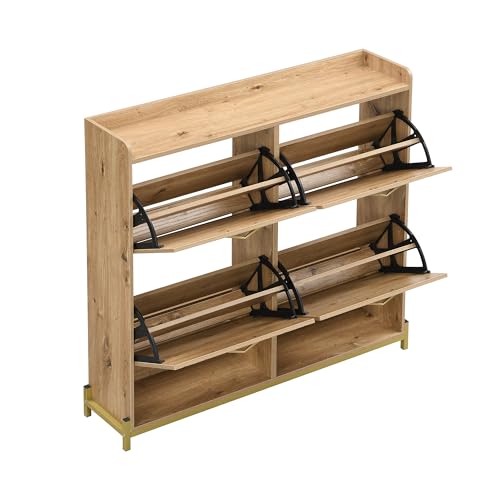 108 x 24 x 100 cm, Eleganter Schuhschrank mit 4 Klappen, Schuhregal Schuhkipper Schmal, Goldener Metallrahmen, fur Eingangsbereich, Flur (Natur mit Geometrische Muster) von Azkoeesy